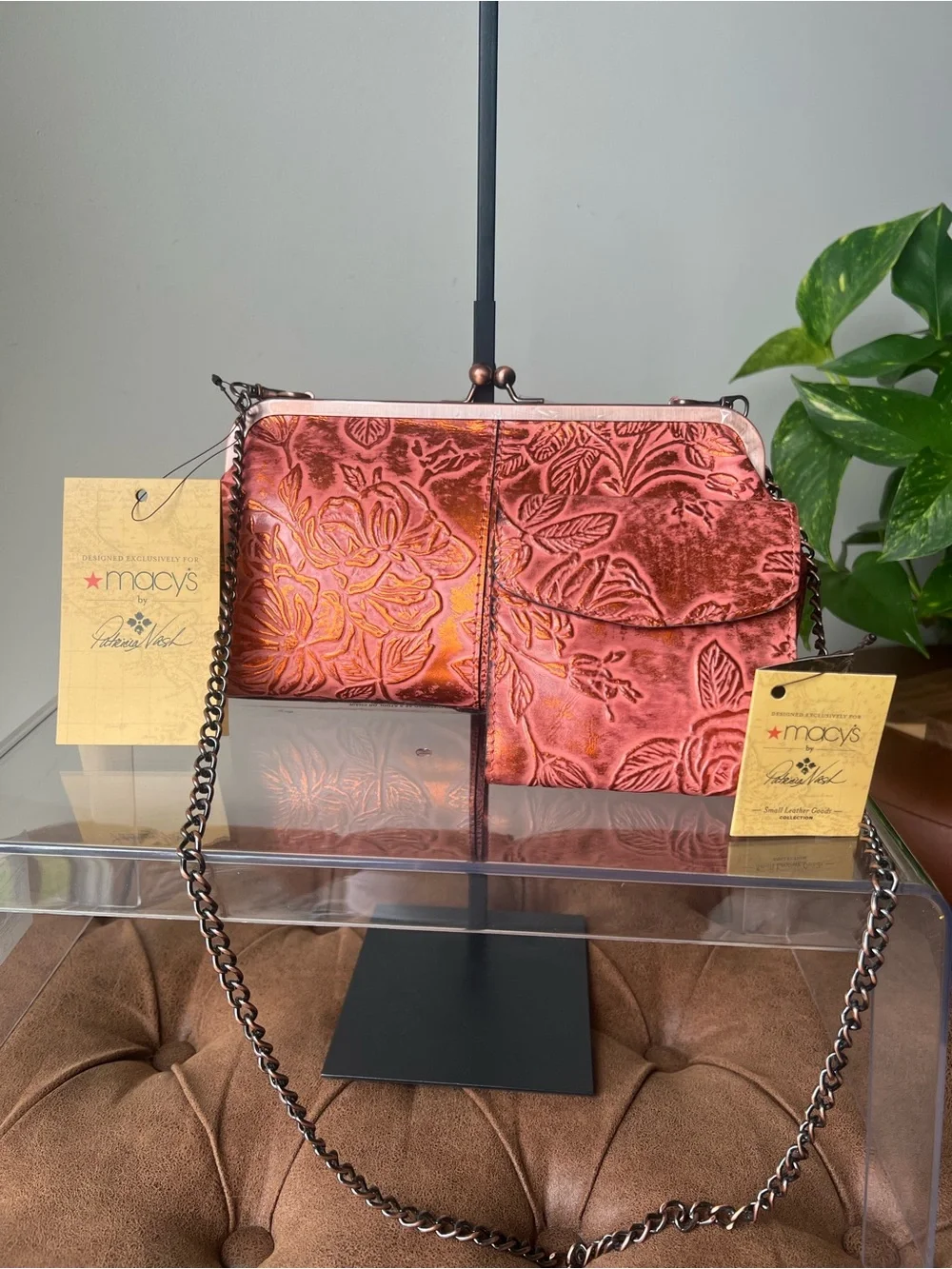 Patricia Nash 2pc Embossed Floral Chain Clutch w/ Matching Wallet in Burnt Coral